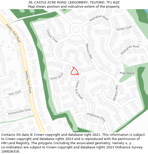 26, CASTLE ACRE ROAD, LEEGOMERY, TELFORD, TF1 6QZ: Location map and indicative extent of plot