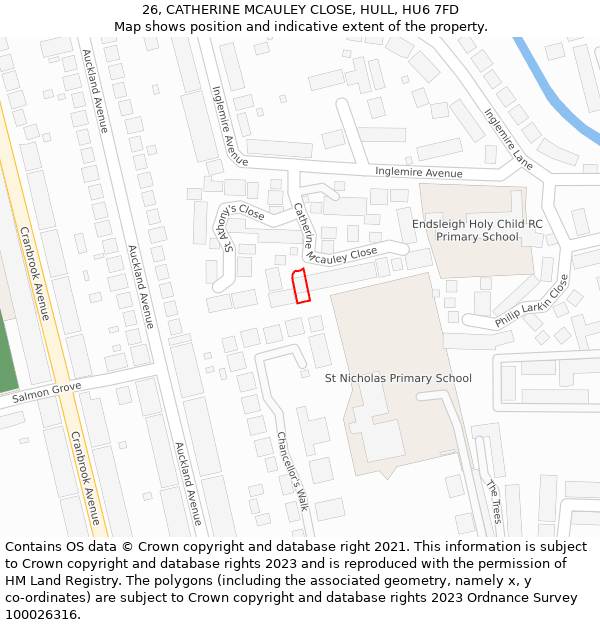 26, CATHERINE MCAULEY CLOSE, HULL, HU6 7FD: Location map and indicative extent of plot