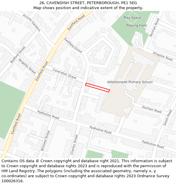 26, CAVENDISH STREET, PETERBOROUGH, PE1 5EG: Location map and indicative extent of plot