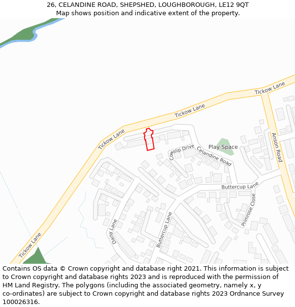 26, CELANDINE ROAD, SHEPSHED, LOUGHBOROUGH, LE12 9QT: Location map and indicative extent of plot