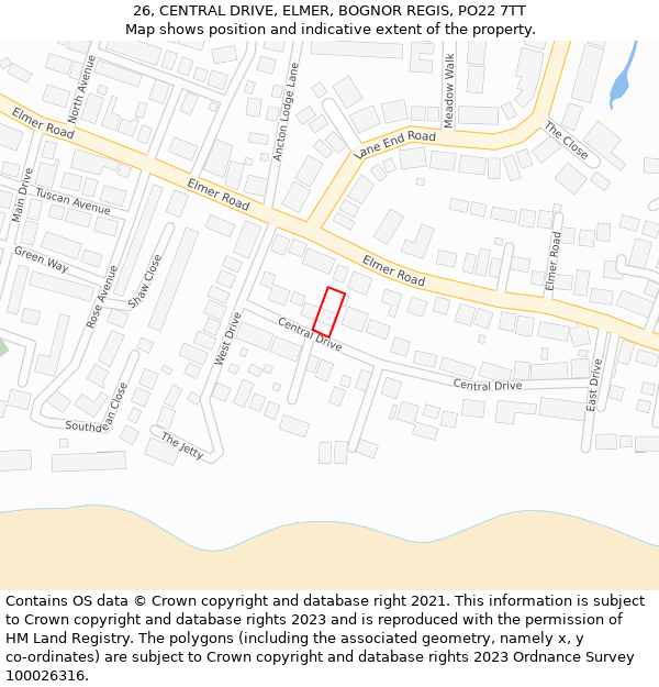 26, CENTRAL DRIVE, ELMER, BOGNOR REGIS, PO22 7TT: Location map and indicative extent of plot