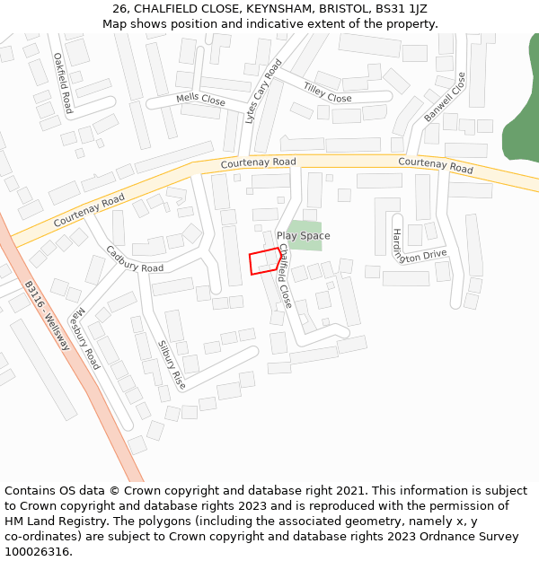 26, CHALFIELD CLOSE, KEYNSHAM, BRISTOL, BS31 1JZ: Location map and indicative extent of plot