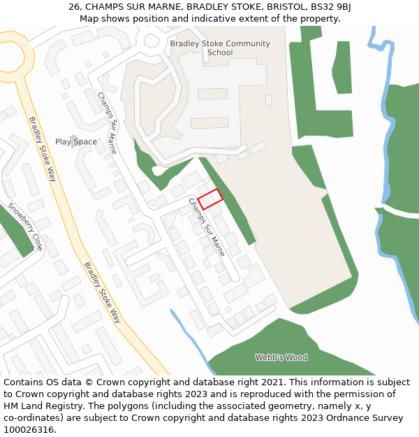 26, CHAMPS SUR MARNE, BRADLEY STOKE, BRISTOL, BS32 9BJ: Location map and indicative extent of plot