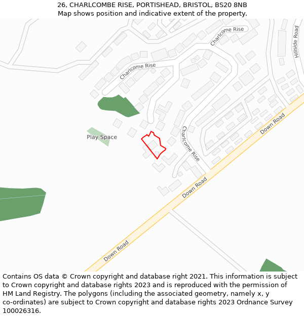 26, CHARLCOMBE RISE, PORTISHEAD, BRISTOL, BS20 8NB: Location map and indicative extent of plot