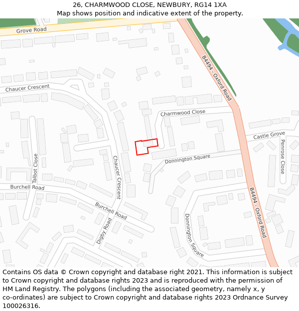 26, CHARMWOOD CLOSE, NEWBURY, RG14 1XA: Location map and indicative extent of plot