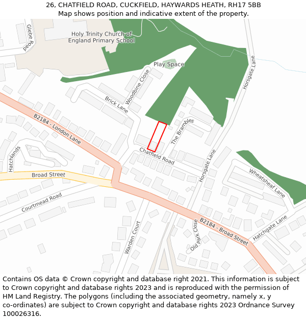 26, CHATFIELD ROAD, CUCKFIELD, HAYWARDS HEATH, RH17 5BB: Location map and indicative extent of plot