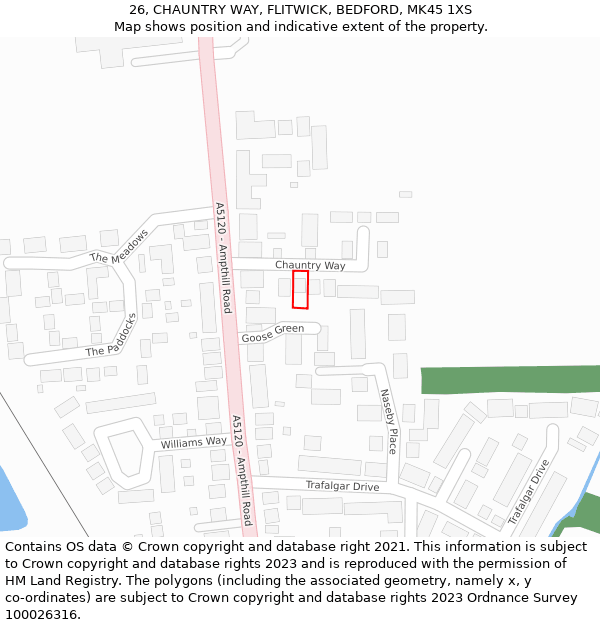 26, CHAUNTRY WAY, FLITWICK, BEDFORD, MK45 1XS: Location map and indicative extent of plot