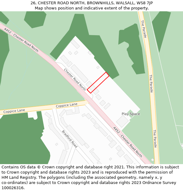 26, CHESTER ROAD NORTH, BROWNHILLS, WALSALL, WS8 7JP: Location map and indicative extent of plot