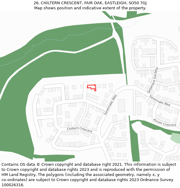 26, CHILTERN CRESCENT, FAIR OAK, EASTLEIGH, SO50 7GJ: Location map and indicative extent of plot