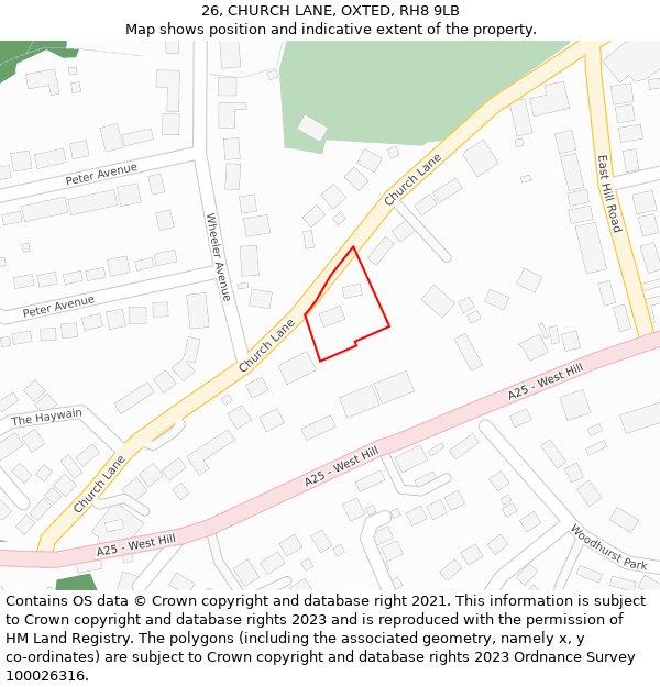 26, CHURCH LANE, OXTED, RH8 9LB: Location map and indicative extent of plot