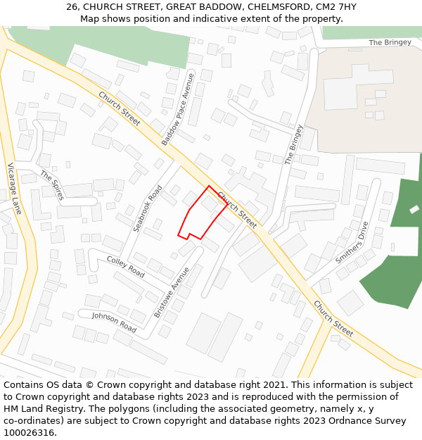 26, CHURCH STREET, GREAT BADDOW, CHELMSFORD, CM2 7HY: Location map and indicative extent of plot