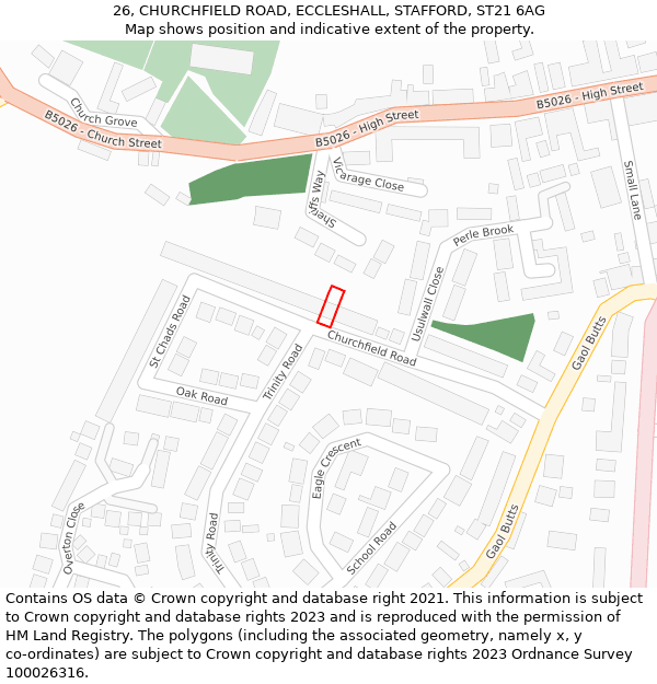 26, CHURCHFIELD ROAD, ECCLESHALL, STAFFORD, ST21 6AG: Location map and indicative extent of plot