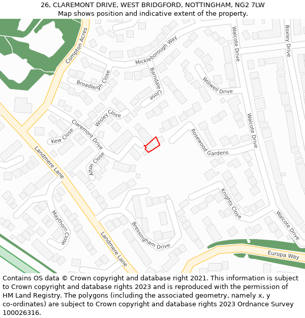 26, CLAREMONT DRIVE, WEST BRIDGFORD, NOTTINGHAM, NG2 7LW: Location map and indicative extent of plot