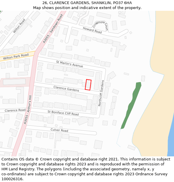 26, CLARENCE GARDENS, SHANKLIN, PO37 6HA: Location map and indicative extent of plot