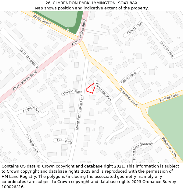 26, CLARENDON PARK, LYMINGTON, SO41 8AX: Location map and indicative extent of plot