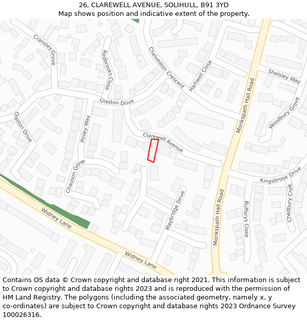 26, CLAREWELL AVENUE, SOLIHULL, B91 3YD: Location map and indicative extent of plot