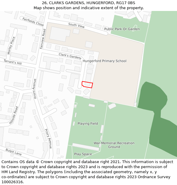 26, CLARKS GARDENS, HUNGERFORD, RG17 0BS: Location map and indicative extent of plot