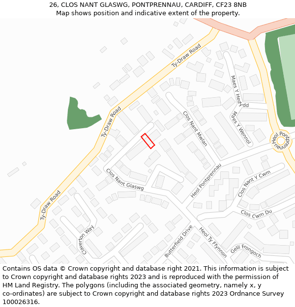 26, CLOS NANT GLASWG, PONTPRENNAU, CARDIFF, CF23 8NB: Location map and indicative extent of plot