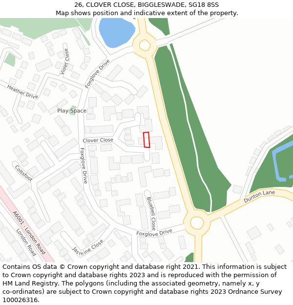 26, CLOVER CLOSE, BIGGLESWADE, SG18 8SS: Location map and indicative extent of plot