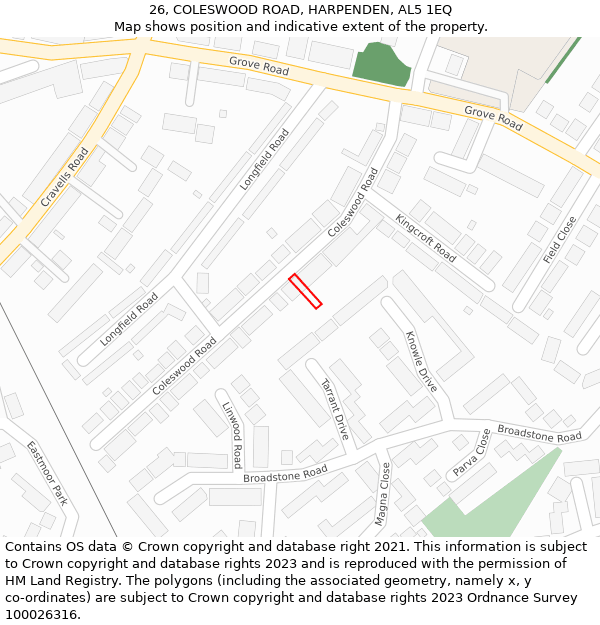 26, COLESWOOD ROAD, HARPENDEN, AL5 1EQ: Location map and indicative extent of plot