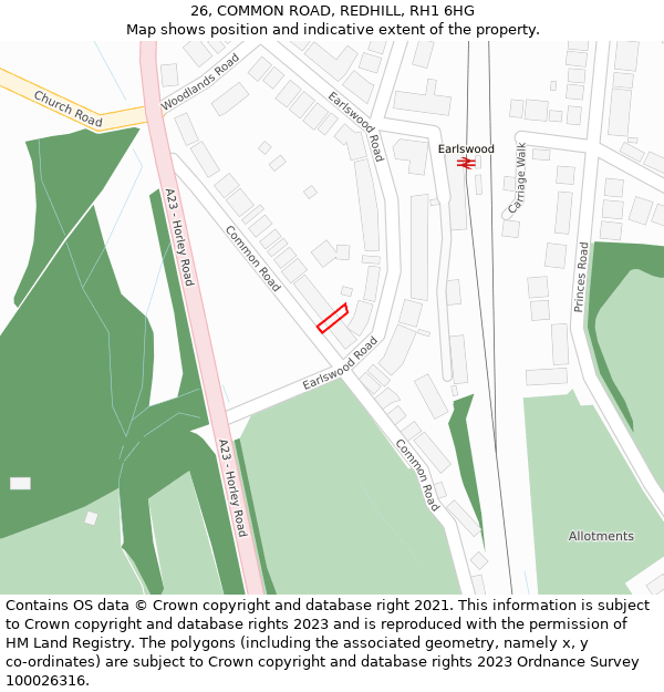 26, COMMON ROAD, REDHILL, RH1 6HG: Location map and indicative extent of plot