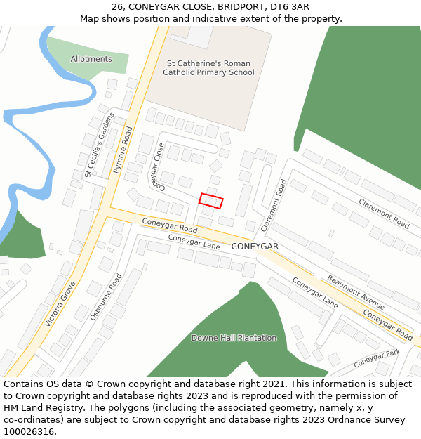 26, CONEYGAR CLOSE, BRIDPORT, DT6 3AR: Location map and indicative extent of plot