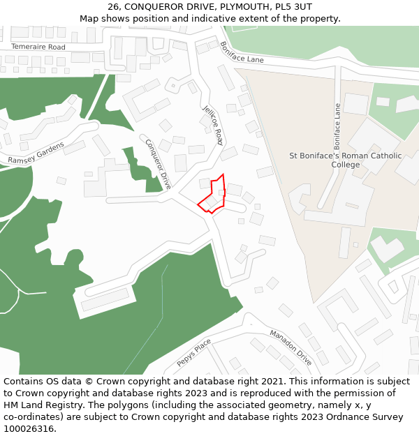 26, CONQUEROR DRIVE, PLYMOUTH, PL5 3UT: Location map and indicative extent of plot