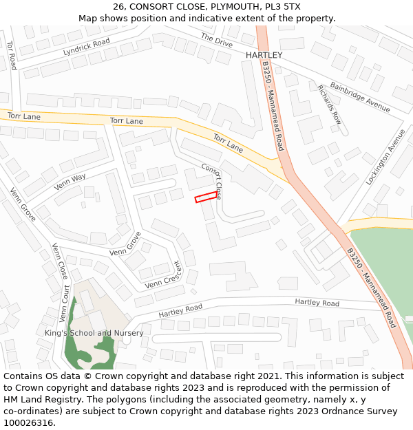 26, CONSORT CLOSE, PLYMOUTH, PL3 5TX: Location map and indicative extent of plot