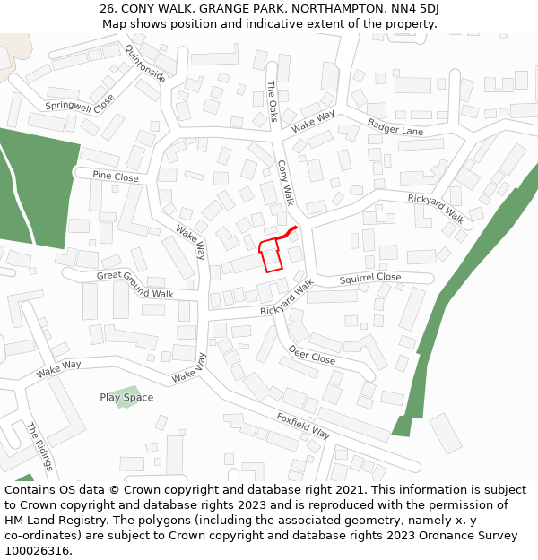 26, CONY WALK, GRANGE PARK, NORTHAMPTON, NN4 5DJ: Location map and indicative extent of plot