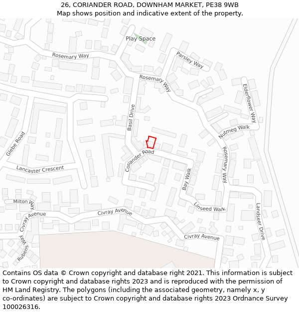 26, CORIANDER ROAD, DOWNHAM MARKET, PE38 9WB: Location map and indicative extent of plot
