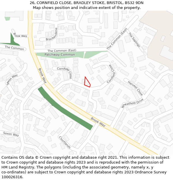 26, CORNFIELD CLOSE, BRADLEY STOKE, BRISTOL, BS32 9DN: Location map and indicative extent of plot