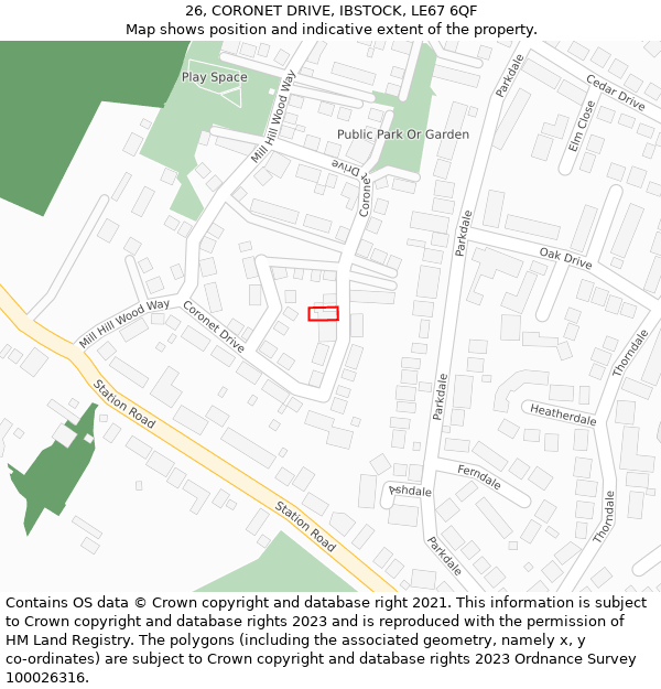 26, CORONET DRIVE, IBSTOCK, LE67 6QF: Location map and indicative extent of plot