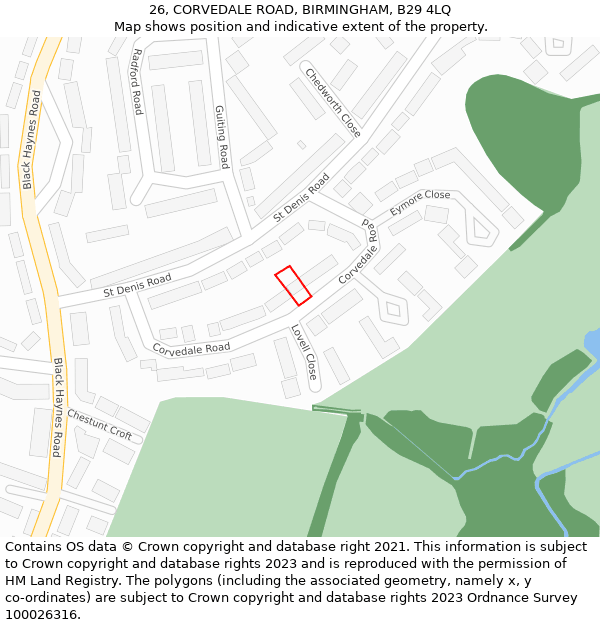 26, CORVEDALE ROAD, BIRMINGHAM, B29 4LQ: Location map and indicative extent of plot