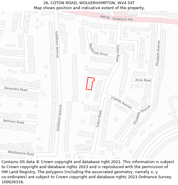 26, COTON ROAD, WOLVERHAMPTON, WV4 5AT: Location map and indicative extent of plot