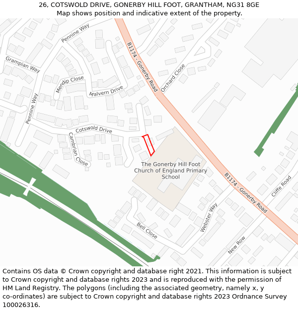 26, COTSWOLD DRIVE, GONERBY HILL FOOT, GRANTHAM, NG31 8GE: Location map and indicative extent of plot