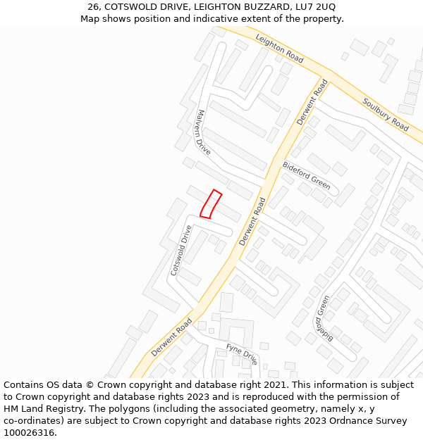 26, COTSWOLD DRIVE, LEIGHTON BUZZARD, LU7 2UQ: Location map and indicative extent of plot