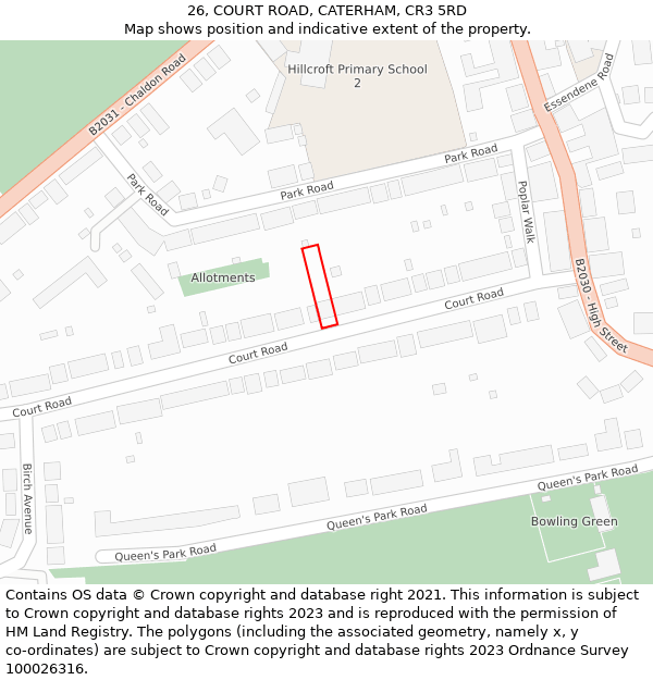 26, COURT ROAD, CATERHAM, CR3 5RD: Location map and indicative extent of plot