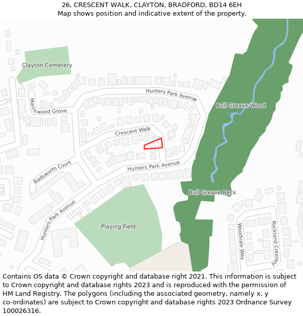 26, CRESCENT WALK, CLAYTON, BRADFORD, BD14 6EH: Location map and indicative extent of plot