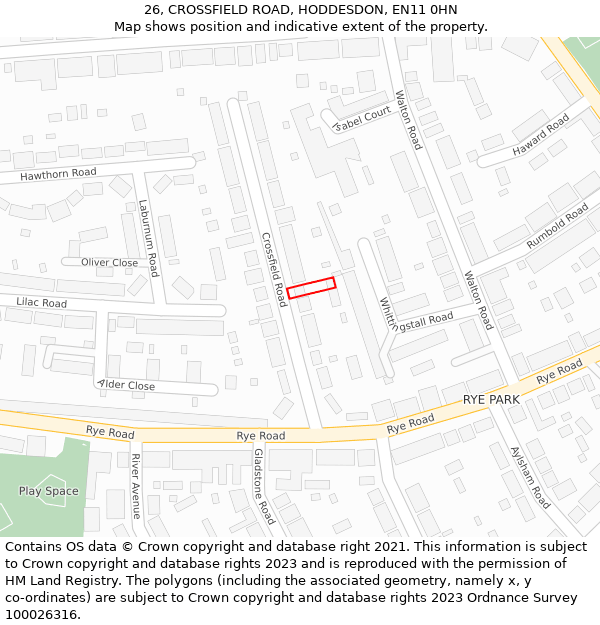26, CROSSFIELD ROAD, HODDESDON, EN11 0HN: Location map and indicative extent of plot