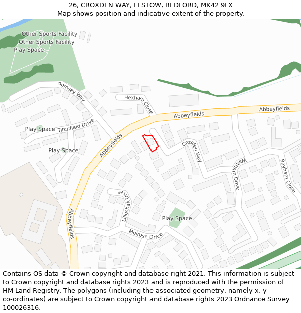 26, CROXDEN WAY, ELSTOW, BEDFORD, MK42 9FX: Location map and indicative extent of plot