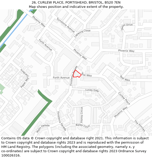 26, CURLEW PLACE, PORTISHEAD, BRISTOL, BS20 7EN: Location map and indicative extent of plot