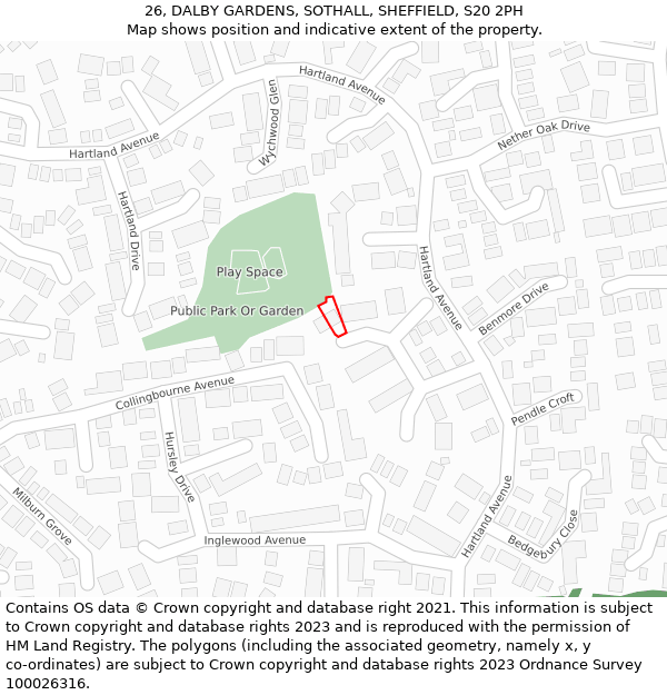 26, DALBY GARDENS, SOTHALL, SHEFFIELD, S20 2PH: Location map and indicative extent of plot