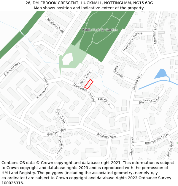 26, DALEBROOK CRESCENT, HUCKNALL, NOTTINGHAM, NG15 6RG: Location map and indicative extent of plot