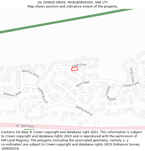 26, DANDO DRIVE, MARLBOROUGH, SN8 1TT: Location map and indicative extent of plot