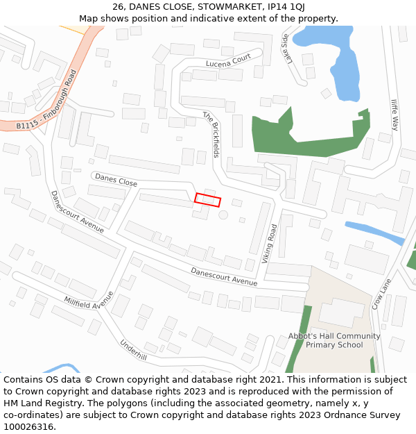 26, DANES CLOSE, STOWMARKET, IP14 1QJ: Location map and indicative extent of plot