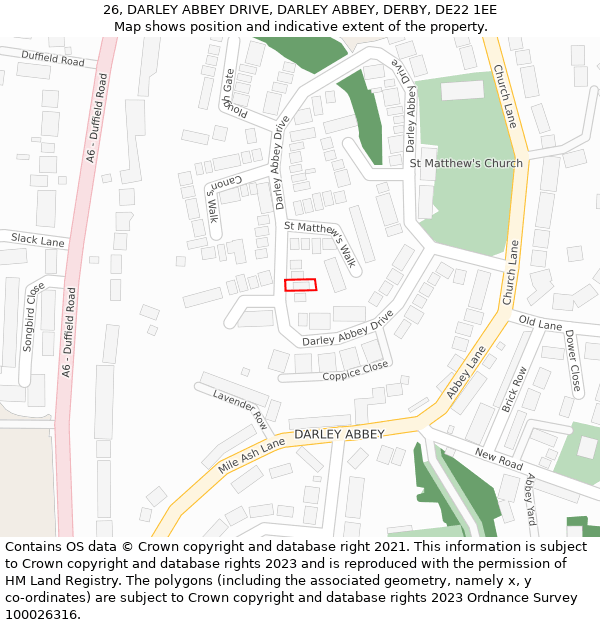 26, DARLEY ABBEY DRIVE, DARLEY ABBEY, DERBY, DE22 1EE: Location map and indicative extent of plot