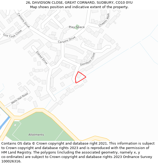 26, DAVIDSON CLOSE, GREAT CORNARD, SUDBURY, CO10 0YU: Location map and indicative extent of plot