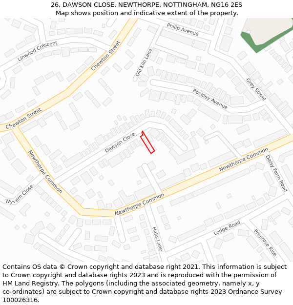 26, DAWSON CLOSE, NEWTHORPE, NOTTINGHAM, NG16 2ES: Location map and indicative extent of plot