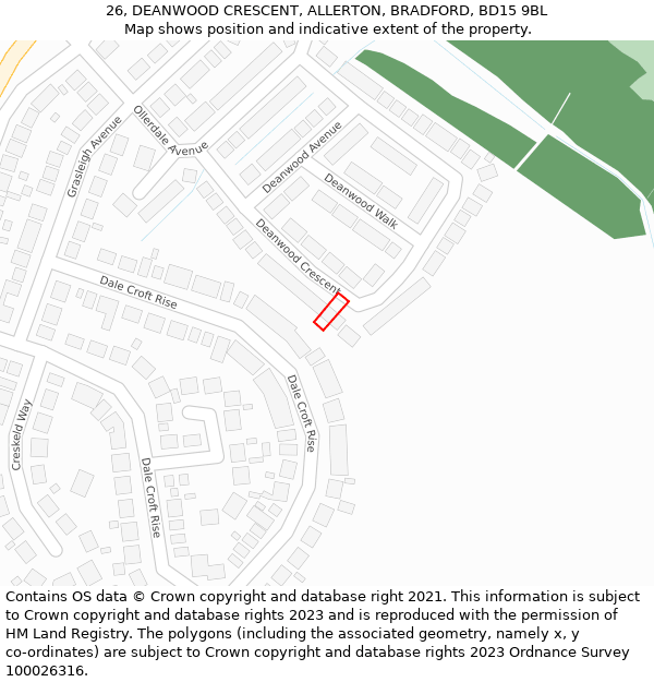 26, DEANWOOD CRESCENT, ALLERTON, BRADFORD, BD15 9BL: Location map and indicative extent of plot