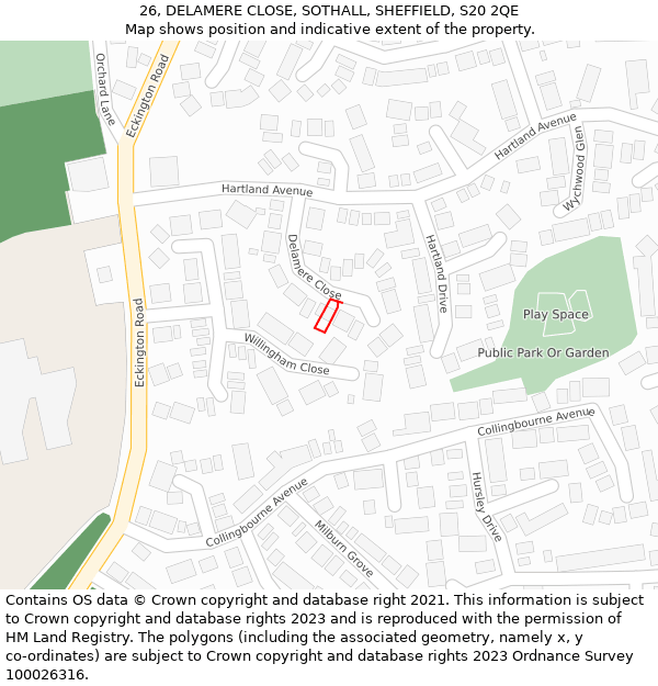 26, DELAMERE CLOSE, SOTHALL, SHEFFIELD, S20 2QE: Location map and indicative extent of plot